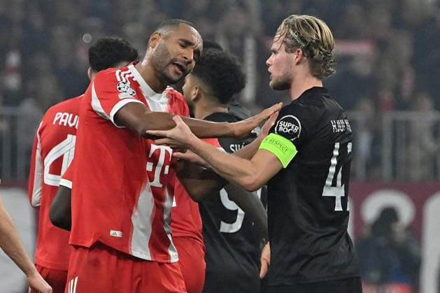 09 12 2025, xjrdrx, Football UEFA Champions League, FC Bayern Muenchen Sporting Lisbon v l Rudelbildung Jonathan Tah FC Bayern Muenchen Morten Hjulmand Sporting Lisbon DFL DFB REGULATIONS PROHIBIT ANY USE OF PHOTOGRAPHS as IMAGE SEQUENCES and or QUASI VIDEO Muenchen