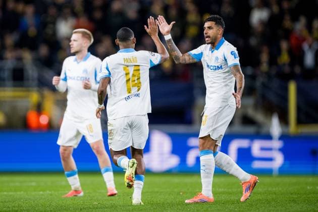 Marseille s Igor Paixao celebrates after scoring during a soccer game between Belgian Royale Union Saint-Gilloise and French Olympique de Marseille, on Tuesday 09 December 2025 in Brussels, on the sixth day of the League phase of the UEFA Champions League tournament. JASPERxJACOBS  x147744361x