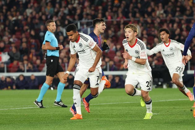 FBL SPA CL FC Barcelona Eintracht Frankfurt Ansgar Knauff Eintracht Frankfurt , Ritsu Doan Eintracht Frankfurt celebrates after scoring the first goal during the Champions League phase Matchday 6 football match between FC Barcelona Eintracht Frankfurt an Camp Nou Barcelona, on December 09, 2025 Copyright: JoaquimxFerreira
