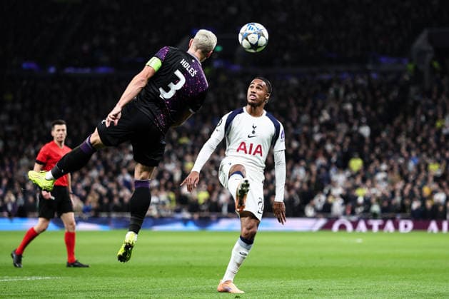 London, England, 9th December 2025. Tomas Holes of Slavia Prague heads the ball clear during the Tottenham Hotspur vs Slavia Prague UEFA Champions League match at the Tottenham Hotspur Stadium, London. Picture credit should read: David Klein Sportimage EDITORIAL USE ONLY. No use with unauthorised audio, video, data, fixture lists, club league logos or live services. Online in-match use limited to 120 images, no video emulation. No use in betting, games or single club league player publications. SPI_020_DK_TOT_SLA SPI-4359-0022