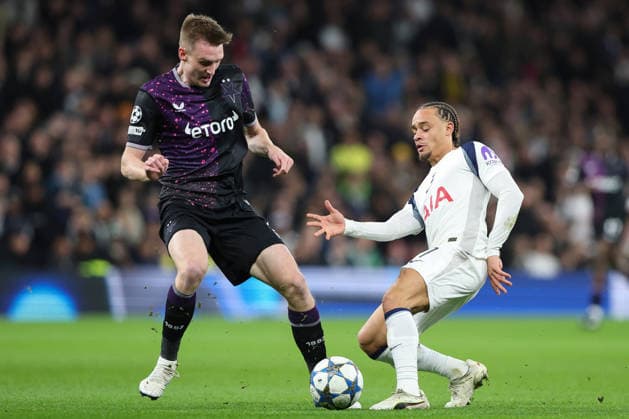 9th December 2025; Tottenham Hotspur Stadium, London, England; UEFA Champions League Football, Tottenham Hotspur versus Slavia Prague; Xavi Simons of Tottenham Hotspur is tackled by Stepan Chaloupek of Slavia Prague  IanxStephen
