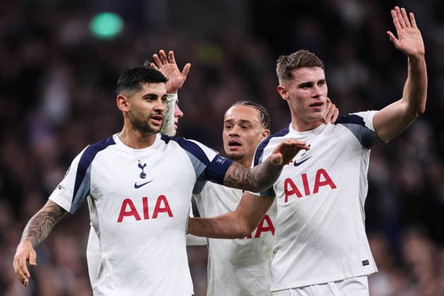 London, England, 9th December 2025. Tottenham Hotspur players celebrate their side s goal to make it 1-0 during the Tottenham Hotspur vs Slavia Prague UEFA Champions League match at the Tottenham Hotspur Stadium, London. Picture credit should read: David Klein Sportimage EDITORIAL USE ONLY. No use with unauthorised audio, video, data, fixture lists, club league logos or live services. Online in-match use limited to 120 images, no video emulation. No use in betting, games or single club league player publications. SPI_023_DK_TOT_SLA SPI-4359-0025