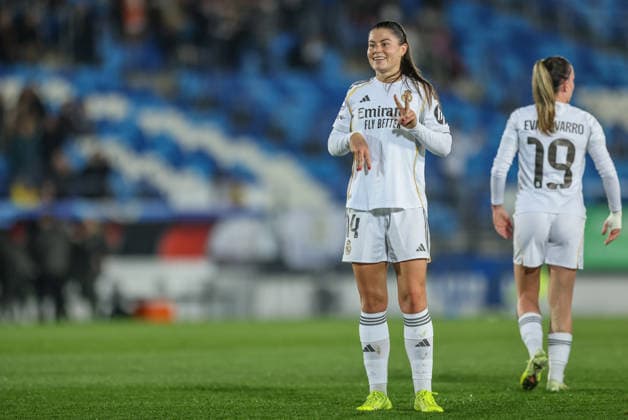 ESP, Madrid, Real Madrid vs VfL Wolfsburg, Womens Champions League, Football, UEFA, Season 2025 2026, Alfredo di Stefano, 5 Matchday in picture Maria MÃ ndez Real Madrid 14 , Goal, joy, jubilation and emotion Gol, alegria, jubilo y emocion Goal for 1 0 against Wolfsburg DFB DFL REGULATIONS PROHIBIT ANY USE OF PHOTOGRAPHS AS IMAGE SEQUENCES AND OR QUASI VIDEO, 09 12 2025 Copyright: HMBxMedia HendrikxHamelau