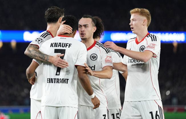 09 12 2025, xslx, Football UEFA Champions League, FC Barcelona Eintracht Frankfurt v l Ansgar Knauff Eintracht Frankfurt , celebrate the goal, The goal celebration for 0 1 Barcelona