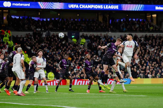 Champions League 2025 26 League Stage Tottenham v Slavia Prague Tottenham Hotspur Stadium 09.12.2025 David Zima of Slavia Prague scores an own goal after Cristian Romero of Tottenham Hotspur heads across goal 1-0 Champions League 2025 26 League Stage Tottenham v Slavia Prague Tottenham Hotspur Stadium 09.12.2025 Photograph By Marc Aspland The Times  Copyright: xMarcxAsplandx NINTCHDBPICT001044580157