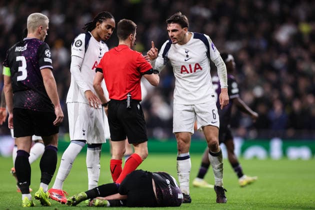 London, England, 9th December 2025. Joao Palhinha of Tottenham appeals to referee Benoit Bastien during the Tottenham Hotspur vs Slavia Prague UEFA Champions League match at the Tottenham Hotspur Stadium, London. Picture credit should read: David Klein Sportimage EDITORIAL USE ONLY. No use with unauthorised audio, video, data, fixture lists, club league logos or live services. Online in-match use limited to 120 images, no video emulation. No use in betting, games or single club league player publications. SPI_032_DK_TOT_SLA SPI-4359-0034