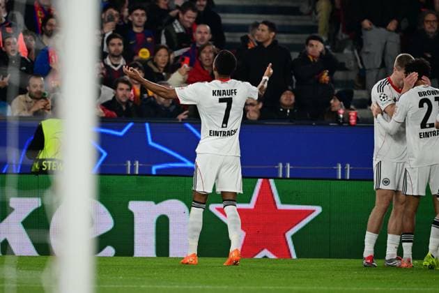 Goal celebration for 0 1 by Ansgar Knauff 7 Eintracht Frankfurt , FC Barcelona vs Eintracht Frankfurt, Champions League, Group stage, Matchday 6, 09 12 2025 Barcelona Catalonia Spain Copyright: xkolbert-press MarcxNiemeyerx