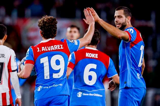 Julian Alvarez of Atletico Madridcelebrate their team s first goal with David Hancko of Atletico Madrid PSV Eindhoven v Atletico de Madrid, UEFA Champions League 2025 26 League Phase MD6, PSV Eindhoven v Atletico de Madrid, PSV Stadion, December 9, 2025, Eindhoven, Netherlands.