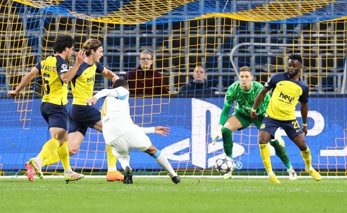 Marseille s Mason Greenwood scoring the 1-2 goal during a soccer game between Belgian Royale Union Saint-Gilloise and French Olympique de Marseille, on Tuesday 09 December 2025 in Brussels, on the sixth day of the League phase of the UEFA Champions League tournament. VIRGINIExLEFOUR  x147753143x