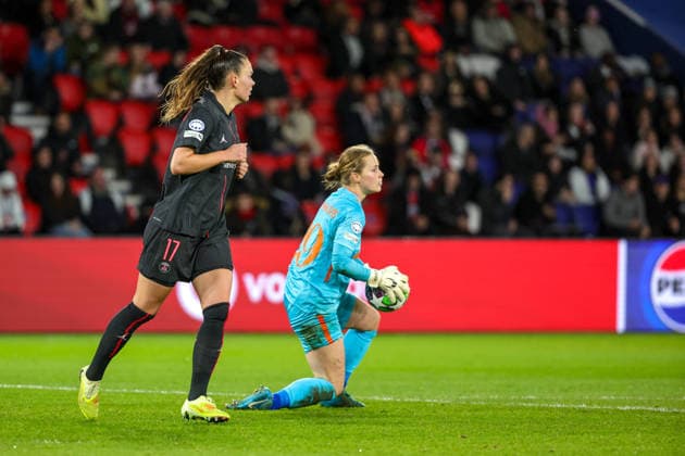 251209 UWCL PSG vs OH Leuven Romee Leuchter (17) of Paris SG and goalkeeper Lowiese Seynhaeve (29) of OH Leuven pictured during the soccer match between Paris SG (FRA) and OH Leuven (BEL), match day 5 of league phase of 2025-2026 season of UEFA Womens Champions League , on Tuesday 09 December 2025 in Paris, France. PHOTO SPORTPIX Sevil OKTEM Paris Parc des Princes France  Copyright: xSportpix.bex xSevilxOktemxSevilxOktemx
