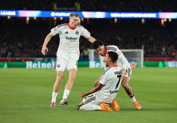 09 12 2025, Football UEFA Champions League, FC Barcelona Eintracht Frankfurt, v l , Goal celebration to 0 1 by Ansgar Knauff Eintracht Frankfurt , Goal celebration, celebrate the goal, Rasmus Kristensen Eintracht Frankfurt , Nathaniel Brown Eintracht Frankfurt DFL DFB REGULATIONS PROHIBIT ANY USE OF PHOTOGRAPHS AS IMAGE SEQUENCES AND OR QUASI VIDEO xdcx Copyright: HMBxMedia Claus
