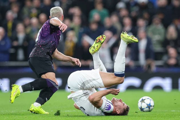 9th December 2025; Tottenham Hotspur Stadium, London, England; UEFA Champions League Football, Tottenham Hotspur versus Slavia Prague; Tomas Holes of Slavia Prague tackles Micky van de Ven of Tottenham Hotspur  IanxStephen