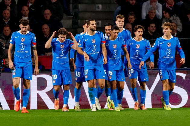2025-12-09 PSV Eindhoven v Atletico Madrid - UEFA Champions League 2025 26 League Phase MD6 EINDHOVEN, NETHERLANDS - DECEMBER 9: David Hancko of Atletico Madrid celebrates with teammates after scoring his teams second goal during the UEFA Champions League 2025 26 League Phase MD6 match between PSV Eindhoven and Atletico Madrid at Phillips Stadion on December 9, 2025 in Eindhoven, Netherlands. Eindhoven Phillips Stadion Netherlands Content not available for redistribution in The Netherlands directly or indirectly through any third parties. Copyright: xBenxGalx