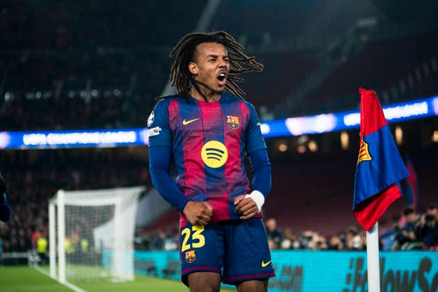Spain-Football-Champions League FC Barcelona, Barca v Eintracht Frankfurt in Barcelona, Spain. Barcelona, Spain, 10, December, 2025. FC Barcelona player (23) Jules Kounde celebrates his score during Champions League match between FC Barcelona and Eintracht Frankfurt in Spotify Camp Nou Stadium, Barcelona, Spain, on December 10, 2025. Barcelona Spotify Camp Nou Stadium Barcelona Spain