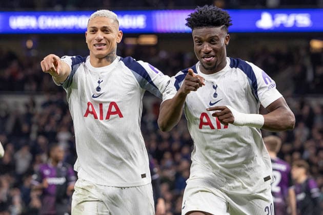 Tottenham Hotspur v Slavia Prague, UEFA Champions League, Football, Tottenham HotspurStadium, London, UK - 09 Dec 2025 Richarlison of Tottenham Hotspur (9) and Mohammed Kudos of Tottenham Hotspur (20) celebrates after he scores from the spot London Tottenham Hotspur Stadium Tottenham GBR, UK NEWSPAPERS OUT Copyright: xEllixBirchx