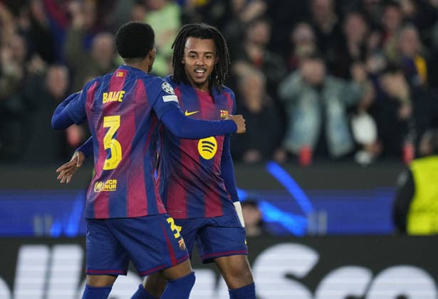 09 12 2025, xslx, Football UEFA Champions League, FC Barcelona Eintracht Frankfurt v l Jules Kounde FC Barcelona ,Alejandro Balde FC Barcelona celebrate the goal, The goal celebration for 2 1 Barcelona