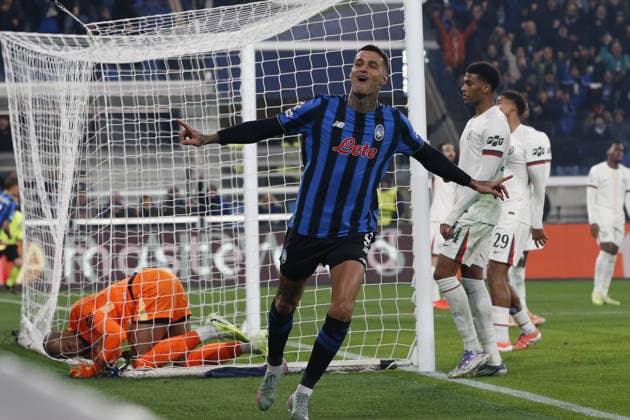 Gianluca Scamacca of Atalanta BC celebrates after scoring goal during Atalanta BC vs Chelsea FC, Chanpions League 2025-26 League phase, Matchday 6Â°, game at New Balance Arena in Bergamo (BG), Italy, on Dicember 09, 2025.  Copyright: xDavidexCasentini IPAxSportx xipa-agency.netx xx IPA_68964157 IPA_Agency_IPA68964157