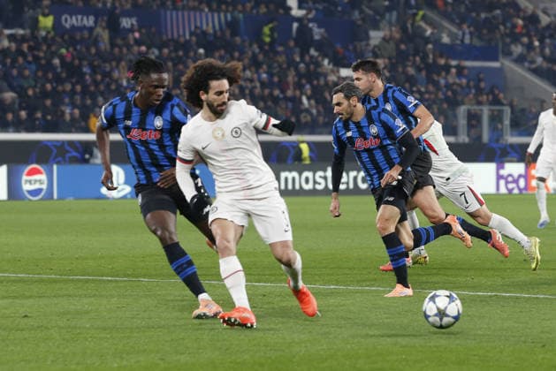 Marc Cucurella of Chelsea FC competes for the ball with Odilon Kossounou of Atalanta BC during Atalanta BC vs Chelsea FC, Chanpions League 2025-26 League phase, Matchday 6Â°, game at New Balance Arena in Bergamo (BG), Italy, on Dicember 09, 2025.  Copyright: xDavidexCasentini IPAxSportx xipa-agency.netx xx IPA_68964187 IPA_Agency_IPA68964187