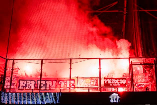 Fans and Supporters of Atletico de Madrid using fireworks PSV Eindhoven v Atletico de Madrid, UEFA Champions League 2025 26 League Phase MD6, PSV Eindhoven v Atletico de Madrid, PSV Stadion, December 9, 2025, Eindhoven, Netherlands.
