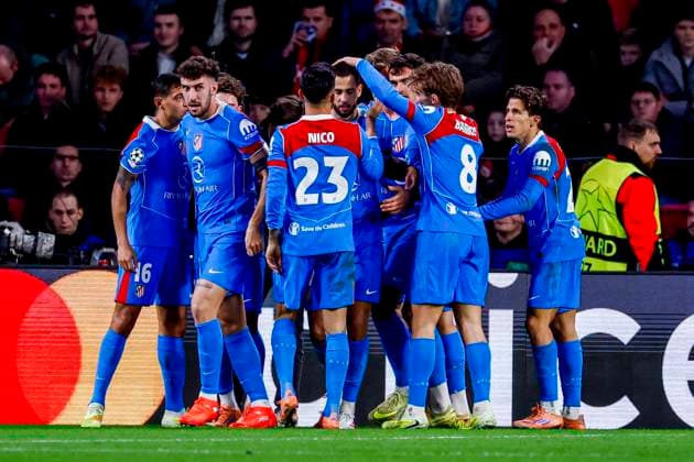 David Hancko of Atletico Madrid celebrates with teammates after scoring his teams second goal PSV Eindhoven v Atletico de Madrid, UEFA Champions League 2025 26 League Phase MD6, PSV Eindhoven v Atletico de Madrid, PSV Stadion, December 9, 2025, Eindhoven, Netherlands.
