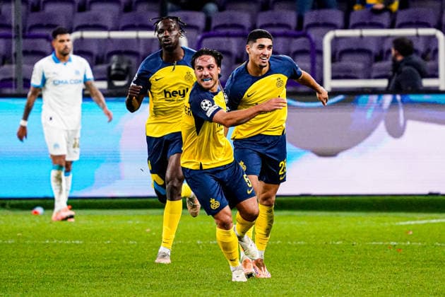 2025-12-09 R. Union Saint-Gilloise v Olympique de Marseille - UEFA Champions League 2025 26 League Phase MD6 BRUSSELS, BELGIUM - DECEMBER 9: Kevin Mac Allister of R. Union Saint-Gilloise, Anan Khalaili of R. Union Saint-Gilloise celebrate the equalizer during the UEFA Champions League 2025 26 League Phase MD6 match between R. Union Saint-Gilloise and Olympique de Marseille at RSC Anderlecht Stadium on December 9, 2025 in Brussels, Belgium. (Photo by Gabriel Calvino Alonso BSR Agency) Brussels Belgium Content not available for redistribution in The Netherlands directly or indirectly through any third parties. Copyright: xBSRxAgencyx