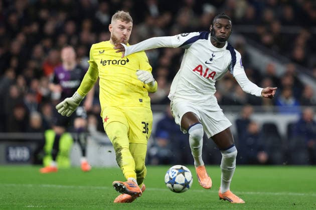 9th December 2025; Tottenham Hotspur Stadium, London, England; UEFA Champions League Football, Tottenham Hotspur versus Slavia Prague; Randal Kolo Muani of Tottenham Hotspur battles for possession with Jindrich Stanek of Slavia Prague  IanxStephen