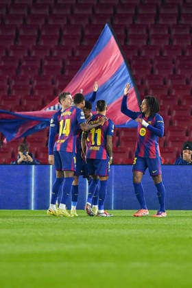 FC Barcelona, Barca v EINTRACHT FRANKFURT SPOTIFY CAMP NOU. BARCELONA. December 9,2025 FC BARCELONA vs EINTRACHT FRANKFURT December 9,2025 Jules Kounde (23) of FC Barcelona celebrates scoring his team s first goal with teammates of FC Barcelona during the soccer match corresponding to the sixth match of the group stage of the UEFA Champions League between FC Barcelona and Eintracht Frankfurt at Spotify Camp Nou in Barcelona, Spain. Barcelona ESP Copyright: xS.xRosx