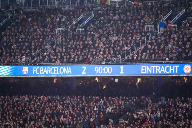 Football UEFA Champions League 2025 26, Matchday 6 FC Barcelona vs Eintracht Frankfurt Camp Nou Barcelona Final score 2 1 after 90 minutes Display, Grandstand, Fans Barcelona Province Barcelona Spain Copyright: xJOERANxSTEINSIEKx