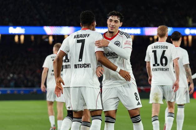 09 12 2025, Football UEFA Champions League, FC Barcelona Eintracht Frankfurt, v l , Goal celebration to 0 1 by Ansgar Knauff Eintracht Frankfurt , Goal celebration, celebrate the goal, Fares Chaibi Eintracht Frankfurt DFL DFB REGULATIONS PROHIBIT ANY USE OF PHOTOGRAPHS AS IMAGE SEQUENCES AND OR QUASI VIDEO xdcx Copyright: HMBxMedia Claus