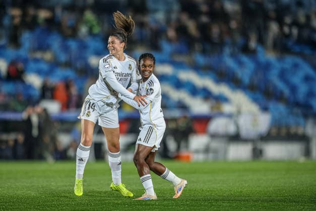 ESP, Madrid, Real Madrid vs VfL Wolfsburg, Womens Champions League, Football, UEFA, Season 2025 2026, Alfredo di Stefano, 5 Matchday in picture Maria MÃ ndez Real Madrid 14 , Goal, joy, jubilation and emotion Gol, alegria, jubilo y emocion Goal for 1 0 against Wolfsburg DFB DFL REGULATIONS PROHIBIT ANY USE OF PHOTOGRAPHS AS IMAGE SEQUENCES AND OR QUASI VIDEO, 09 12 2025 Copyright: HMBxMedia HendrikxHamelau