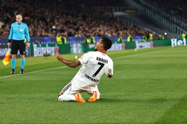 Ansgar Knauff (Frankfurt), DECEMBER 9, 2025 - Football Soccer : Knauff celebrate after his goal during UEFA Champions League League phase match day 6 between FC Barcelona, Barca - Eintracht Frankfurt at the Camp Nou in Barcelona, Spain. Noxthirdxpartyxsales  aflo_313106121