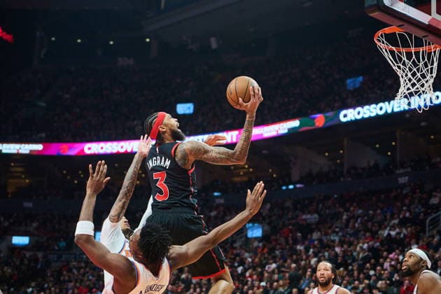 December 9, 2025, Toronto, On, Canada: Toronto Raptors Brandon Ingram (3) drives to the net during first half NBA, Basketball Herren, USA basketball action against the New York Knicks in Toronto, on Tuesday, Dec. 9, 2025. Canada News - December 9, 2025 - ZUMAc35_ 20251209_zaf_c35_089 Copyright: xSammyxKoganx