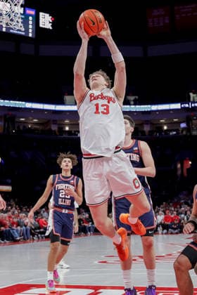 December 9, 2025, Columbus, Ohio, U.S: Ohio State Buckeyes center Christoph Tilly (13) puts ups a shot under the basket during the game between the Illinois Fighting Illini and the Ohio State Buckeyes at Value City Arena, Columbus, Ohio. Columbus U.S - ZUMAs304 20251209_zaf_s304_029 Copyright: xScottxStuartx