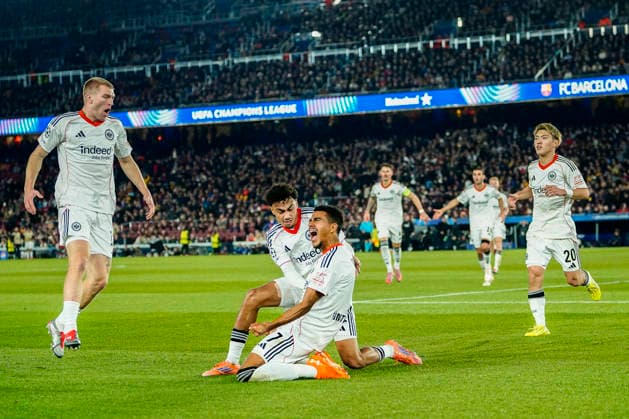 (251210) -- BARCELONA, Dec. 10, 2025 -- Eintracht Frankfurt s Ansgar Knauff (C) celebrates a goal during the UEFA Champions League football match between FC Barcelona, Barca and Eintracht Frankfurt in Barcelona, Spain, Dec. 9, 2025. (Photo by Xinhua) (SP)SPAIN-BARCELONA-FOOTBALL-UEFA CHAMPIONS LEAGUE-BARCELONA VS FRANKFURT JoanxGosa 