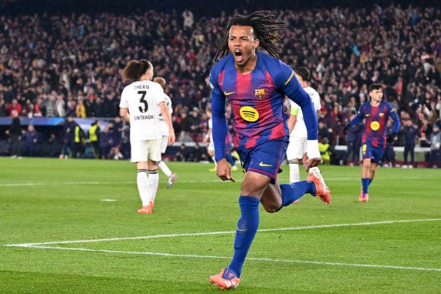 Barcelona, Camp Nou, 09 12 25, ESP, Men, UEFA Champions Leaugue, Season 2025 2026, FC Barcelona Eintracht Frankfurt Picture Jules KOUNDE Barcelona cheers after his goal to 1 1 UEFA regulations prohibit any use of photographs as image sequences and or quasi video Catalonia Spain