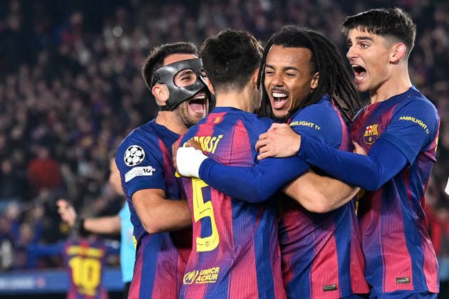 Barcelona, Camp Nou, 09 12 25, ESP, Men, UEFA Champions Leaugue, Season 2025 2026, FC Barcelona Eintracht Frankfurt Picture Jules KOUNDE Barcelona cheers after his goal to 2 1 UEFA regulations prohibit any use of photographs as image sequences and or quasi video Catalonia Spain