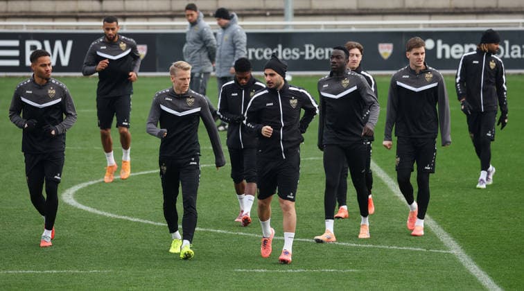 BAU 10 12 2025 Stuttgart Football VfB Stuttgart training, front from left Nikolas Nartey, Chris Führich, Justin Diehl, Deniz Undav, Silas, Ramon Hendriks