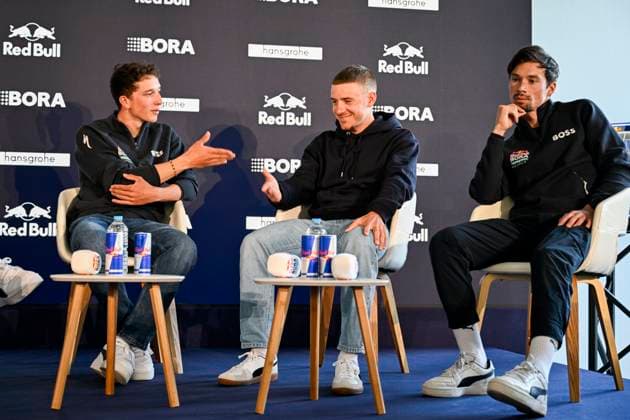 Media day of Red Bull-BORA-hansgrohe BINISSALEM, SPAIN - DECEMBER 10 : Evenepoel Remco (BEL) of Red Bull BORA - Hansgrohe, Lipowitz Florian (GER) of Red Bull BORA - Hansgrohe, Roglic Primoz (SLO) of Red Bull BORA - Hansgrohe pictured during the media day of the Red Bull-BORA-hansgrohe cycling team at Central Studios Mallorca on December 10, 2025 in Binissalem, Spain, 10 12 2025 Binissalem Spain  Copyright: xJanxDexMeuleneirx
