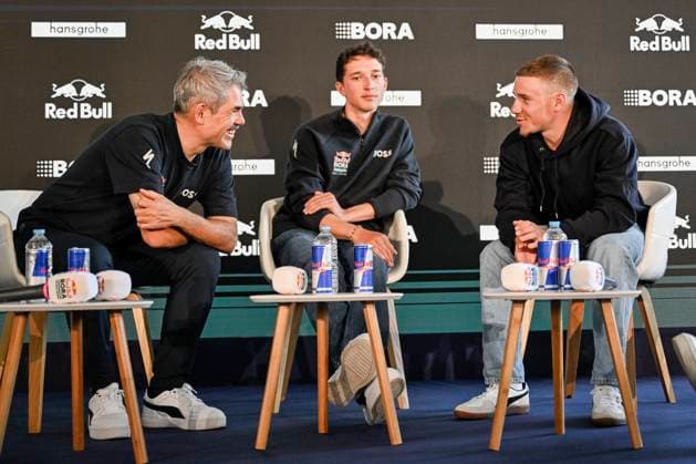 Media day of Red Bull-BORA-hansgrohe BINISSALEM, SPAIN - DECEMBER 10 : Evenepoel Remco (BEL) of Red Bull BORA - Hansgrohe, Lipowitz Florian (GER) of Red Bull BORA - Hansgrohe, Denk Ralph (GER) General manager of Red Bull BORA - Hansgrohe pictured during the media day of the Red Bull-BORA-hansgrohe cycling team at Central Studios Mallorca on December 10, 2025 in Binissalem, Spain, 10 12 2025 Binissalem Spain  Copyright: xJanxDexMeuleneirx
