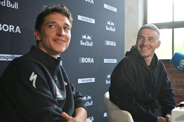 Media day of Red Bull-BORA-hansgrohe BINISSALEM, SPAIN - DECEMBER 10 : Evenepoel Remco (BEL) of Red Bull BORA - Hansgrohe and Lipowitz Florian (GER) of Red Bull BORA - Hansgrohe pictured during the media day of the Red Bull-BORA-hansgrohe cycling team at Central Studios Mallorca on December 10, 2025 in Binissalem, Spain, 10 12 2025 Binissalem Spain  Copyright: xJanxDexMeuleneirx