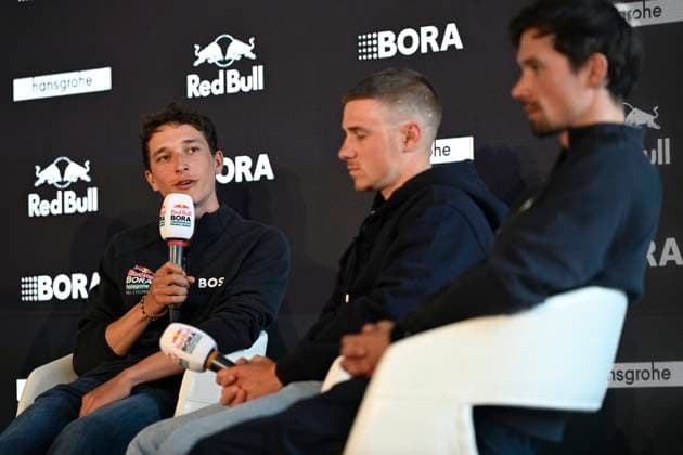 Media day of Red Bull-BORA-hansgrohe BINISSALEM, SPAIN - DECEMBER 10 : Lipowitz Florian (GER) of Red Bull BORA - Hansgrohe, Evenepoel Remco (BEL) of Red Bull BORA - Hansgrohe and Roglic Primoz (SLO) of Red Bull BORA - Hansgrohe pictured during the media day of the Red Bull-BORA-hansgrohe cycling team at Central Studios Mallorca on December 10, 2025 in Binissalem, Spain, 10 12 2025 Binissalem Spain  Copyright: xJanxDexMeuleneirx