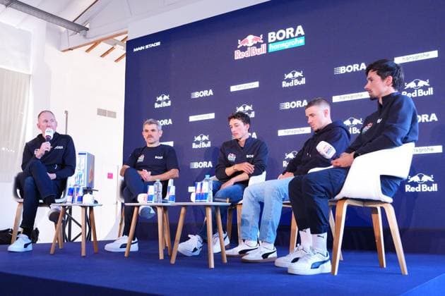 Red Bull-BORA-hansgrohe sports director Zak Dempster, general manager Ralph Denk, German Florian Lipowitz, Belgian Remco Evenepoel and Slovenian Primoz Roglic pictured during the media day of the Red Bull-BORA-hansgrohe cycling team in Binissalem, Mallorca, Spain, Wednesday 10 December 2025. JOMAxGARCIAxIxGISBERT  x147936691x