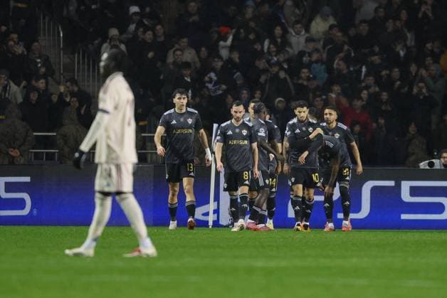 BAKU , 10-12-2025 , Tofiq Bahramov Stadion , Season 2025 2026 , UEFA Champions League football , match between FK Qarabag and Ajax Amsterdam , picture shows players of FK Qarabag celebrating the 1-0 Qarabag - Ajax  x200102814x Copyright: