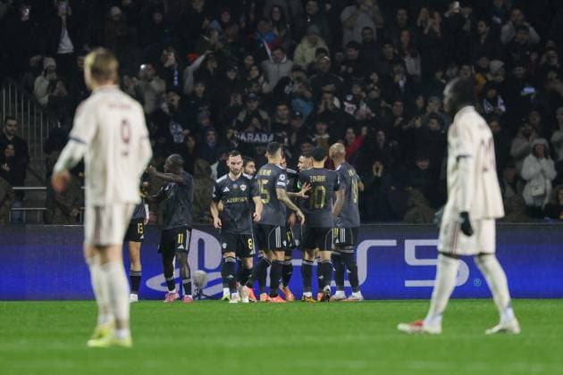 BAKU , 10-12-2025 , Tofiq Bahramov Stadion , Season 2025 2026 , UEFA Champions League football , match between FK Qarabag and Ajax Amsterdam , picture shows goal celebration by players of FK Qarabag Qarabag - Ajax  x200102895x Copyright: