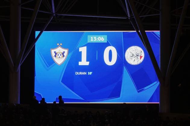 BAKU , 10-12-2025 , Tofiq Bahramov Stadion , Season 2025 2026 , UEFA Champions League football , match between FK Qarabag and Ajax Amsterdam , picture shows score board Qarabag - Ajax  x200102933x Copyright: