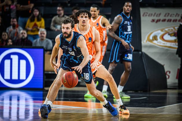 Dogus Ozdemiroglu Turk Telekom Ankara and Alec Anigbata ratiopharm ulm battle for the ball during the Basketball Eurocup match between ratiopharm ulm and Turk Telekom Ankara at ratiopharm Arena on December 10, 2025 in Neu Ulm, Germany Photo by Harry Langer DeFodi Images