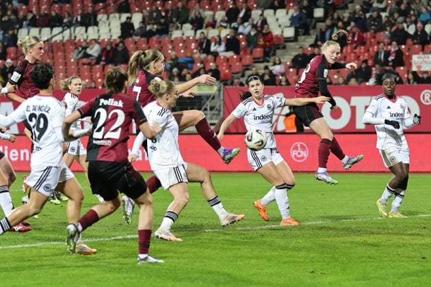 10 12 2025 Soccer Season 2025 2026 1 Womens Soccer Bundesliga 11 Matchday 1 FC Nuremberg FCN Club SG Eintracht Frankfurt SGE Sportfoto Zink DaMa xdaxmax Goal Goal Shot to 2 0 Goalscorer Beatrix Fördös Foerdoes 27, 1 FC Nuremberg FCN