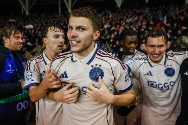 BAKU , 10-12-2025 , Tofiq Bahramov Stadion , Season 2025 2026 , UEFA Champions League football , match between FK Qarabag and Ajax Amsterdam , picture shows goal celebration by Ajax player Anton Gaaei Qarabag - Ajax  x200104357x Copyright: