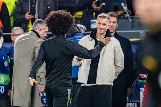 10 12 2025, Borussia Dortmund vs FK Bodo Glimt, UEFA Champions League, Matchday 6 Karim Adeyemi Borussia Dortmund, 27 and Marco Reus Regulations prohibit any use of photographs as image sequences and or quasi video Copyright: xBahhoxKarax
