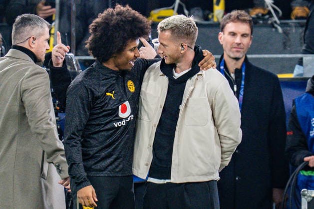 10 12 2025, Borussia Dortmund vs FK Bodo Glimt, UEFA Champions League, Matchday 6 Karim Adeyemi Borussia Dortmund, 27 and Marco Reus Regulations prohibit any use of photographs as image sequences and or quasi video Copyright: xBahhoxKarax